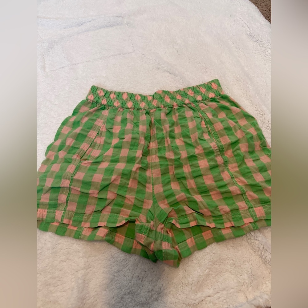 Free People Green and Pink Gingham High-Waist Boxer Shorts